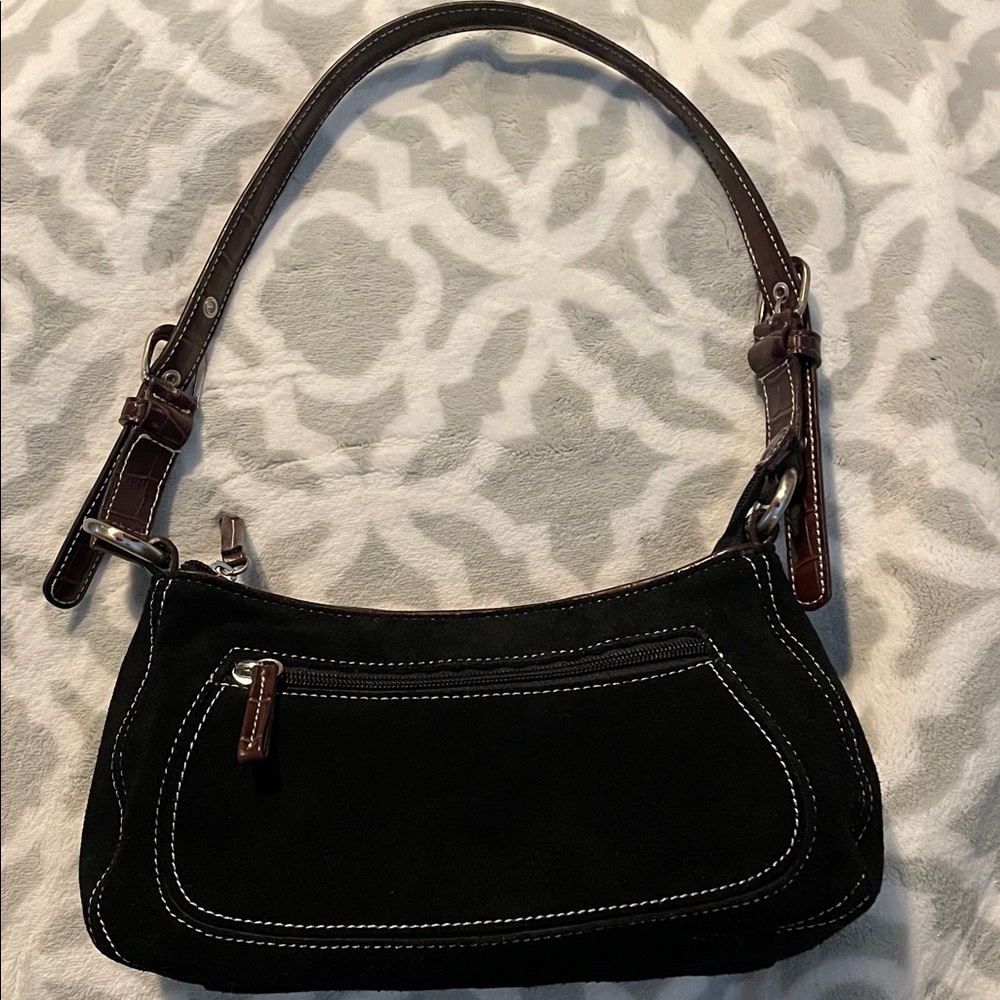 Tignanello Black Suede and Brown Handle Shoulder Bag